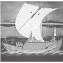 富山市森家の北前船は「菱垣廻船」で、船中央の菱垣が特色